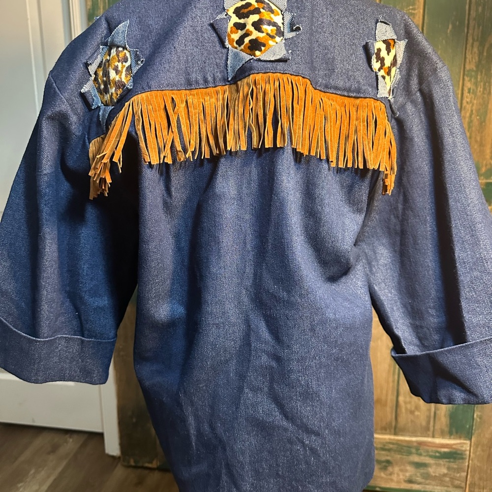 Oversized One-of-a-Kind Denim western Fringe Western Blazer  women size xl - Picture 13 of 16